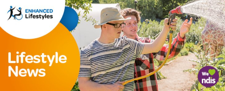 Male NDIS participant being supported to water vegetables in his allotment by an Enhanced Lifestyles Disability Support Worker.